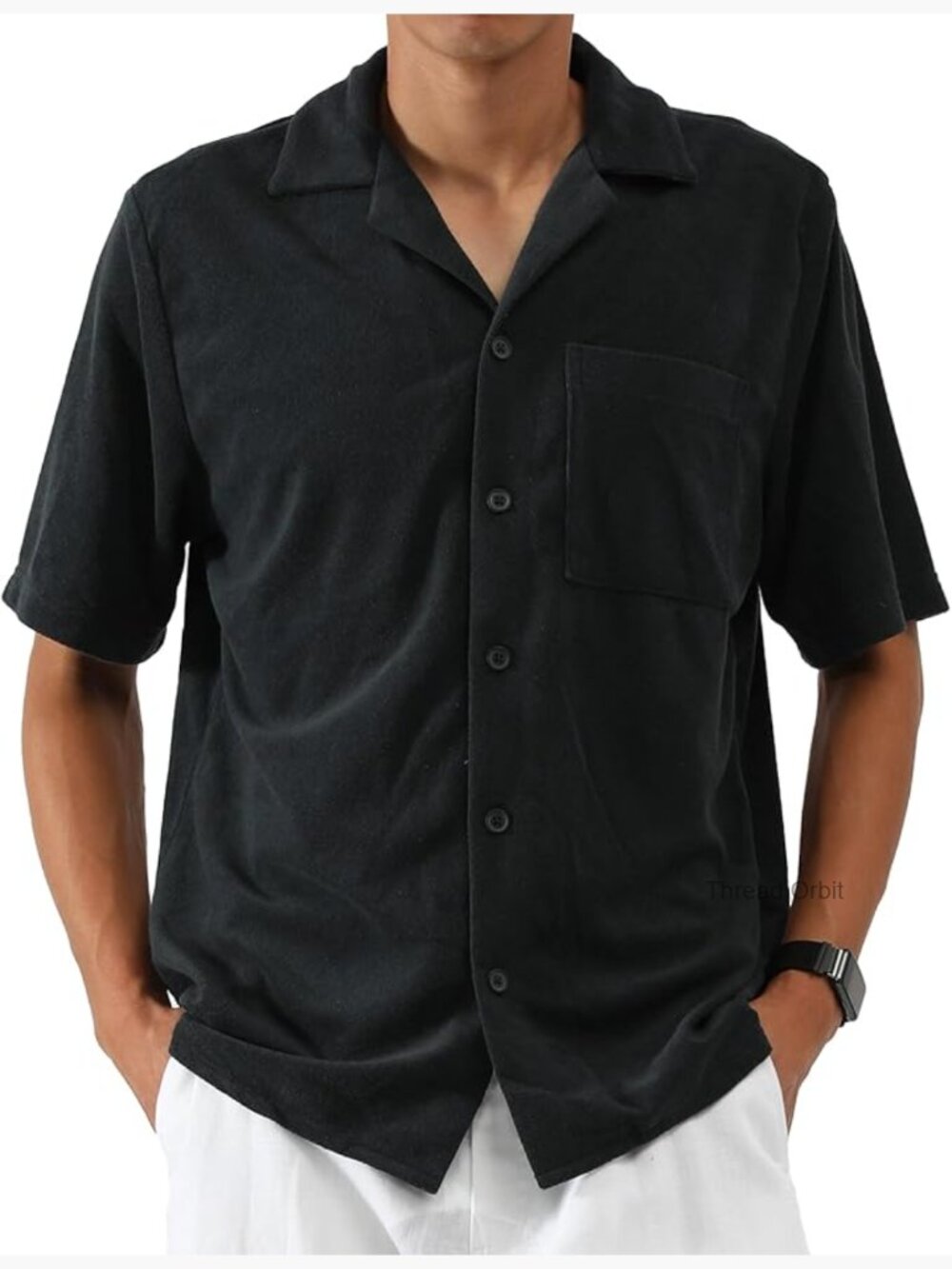 Men's Terry Camp Collar Short Sleeve Button Down Shirt Relaxed Fit Cotton Blend